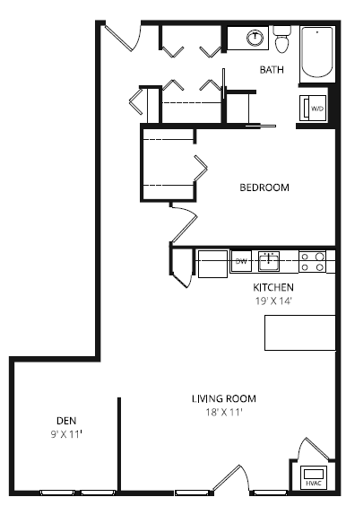 Floor plan for 1 bed, 1 bath, 952 sqft